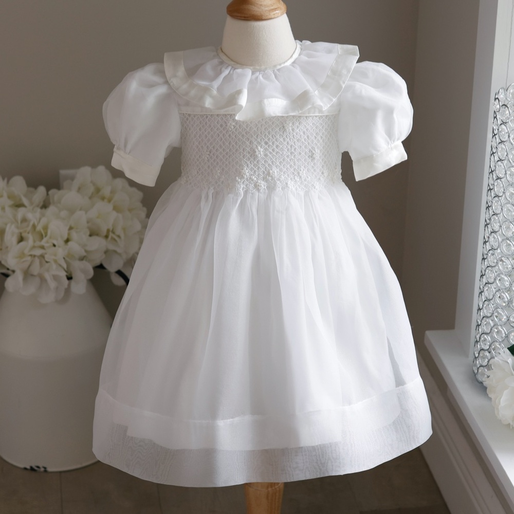 Strasburg Heirloom Smocked Dress size 18 Month RARE White Organza Ivory Satin